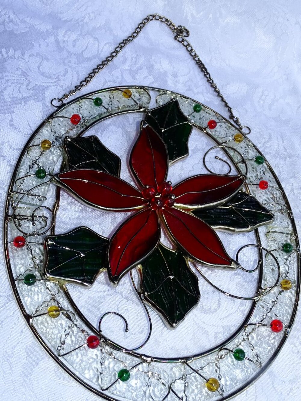 Glass Poinsetta Christmas Suncatcher New 8 1/2" x 7" NWOT